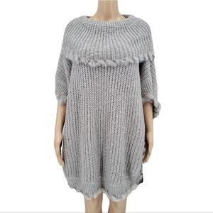 Picadilly Gray Shawl Collar Poncho Sweater Rabbit Fur Trim Women's Plus Size XXL
